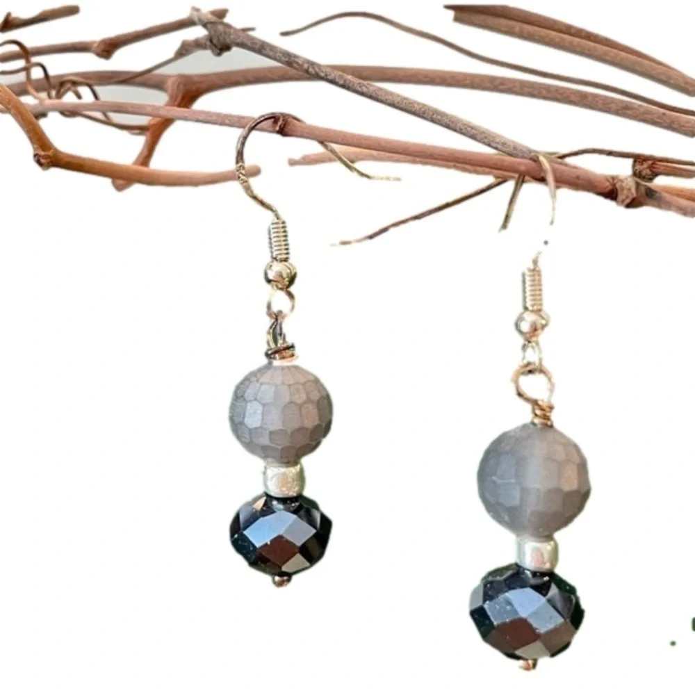 Sterling Silver Earrings Matte Grey Genuine Crystal Modern  Chic French Chic - Picture 4 of 13